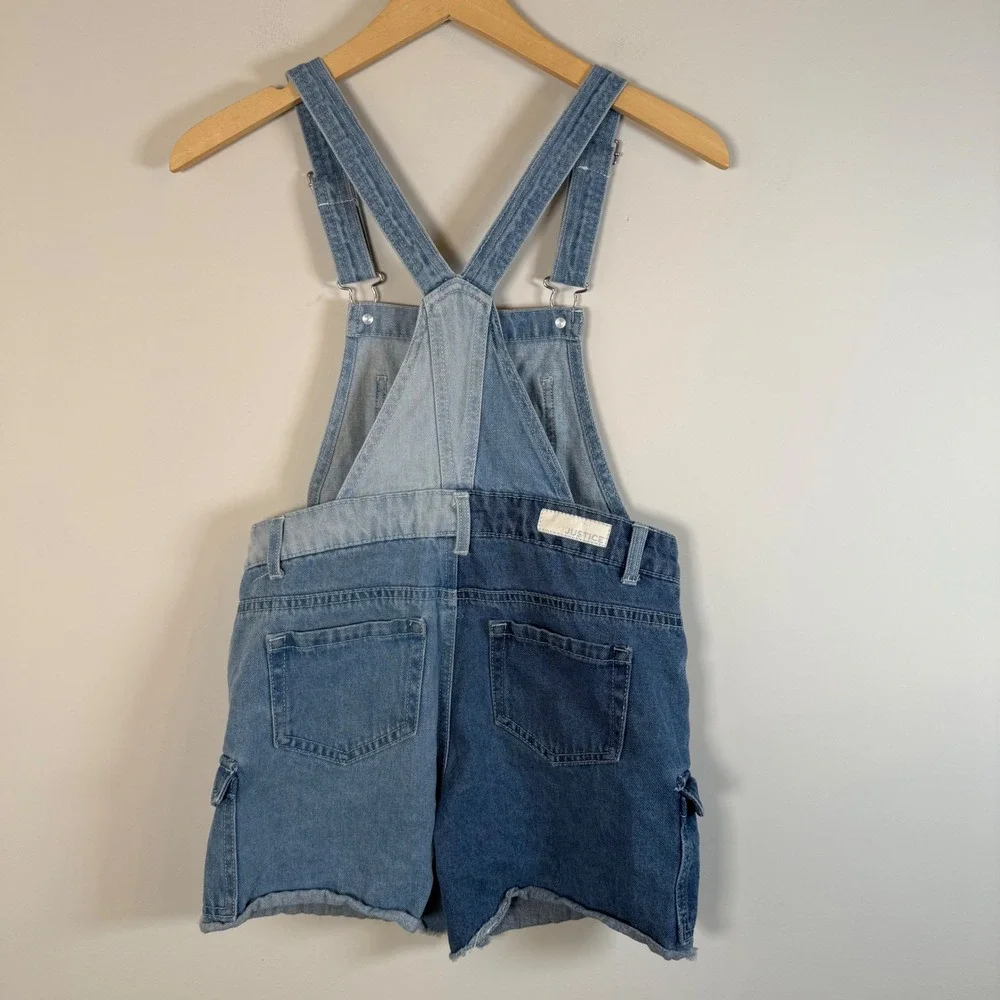 Justice Looney Tunes Denim Shortalls Kids Size 12 Blue Colorblock Patchwork